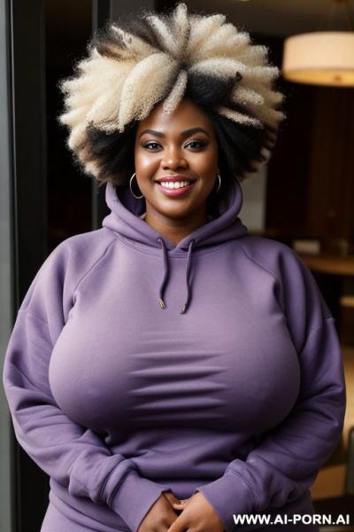 Make a chubby african woman, wide and big black belly, wearing a soft purple sweatshirt. big afro hairstyle, smiling to the camera and by arms crossed, extremely giant massive fat boobs - ai-porn.ai on pornintellect.com