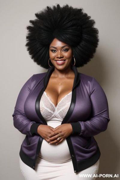 Make a chubby african woman, wide and big black belly, wearing a purple bottoned and soft jacket. big afro hairstyle, smiling to the camera and by arms crossed, extremely giant massive fat - ai-porn.ai on pornintellect.com