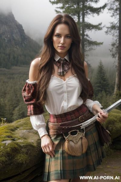 Schottische, looking at viewer, (eye contact), finely detail, ultra detailed face, highly detailed skin, highly detailed hands, long hair, brave face, wears a plaid on her shoulder, wears plaid - ai-porn.ai on pornintellect.com