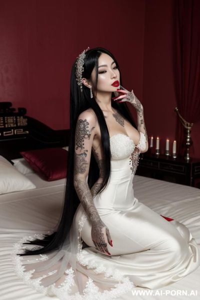 2 big titted korean idol wear wedding dress and kissing on bed, bride, 2 womans are pressing each other and kissing on the bed , lay on bed, traditional chinese wedding dress - ai-porn.ai - North Korea - China on pornintellect.com