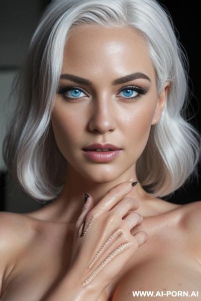 Nude sexy nurse with huge tits, thick thighs, white hair, blue eyes, wavy hair, wearing black latex suite costume, big tits, exposing tits, extremely beautiful, (((photo realistic))), (((beautiful - ai-porn.ai on pornintellect.com