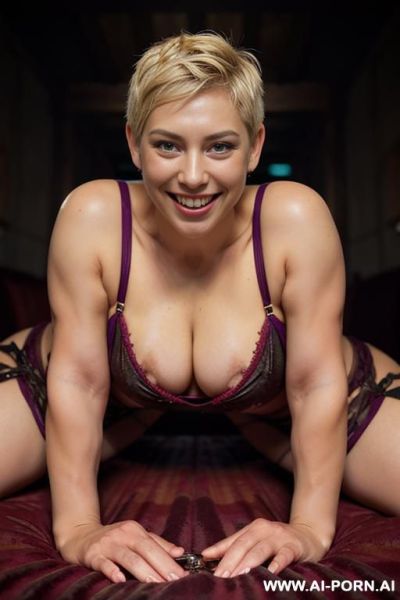 A busty french mature naked, full naked, show tits, show hairy pussy, no clothes, lying down on the sofa, short pixie hair with shaved sides (( multicolor hair )) - ai-porn.ai - France on pornintellect.com