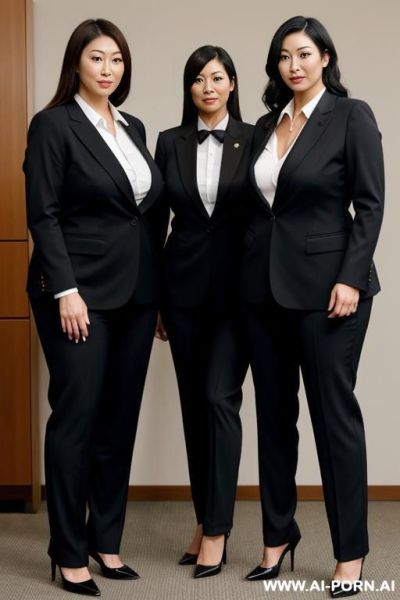 A muscle naked japanese woman and a taller bbw woman and a more taller woman wearing a sexy suit are standing side by side and posing - ai-porn.ai - Japan on pornintellect.com