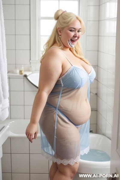 Huge obese woman, natural saggy tits, huge belly, fat bottom, fat arms, side view, nlonde hair bun, mouth open, morbid obese, chubby face, wearing a pink see through nightie - ai-porn.ai on pornintellect.com