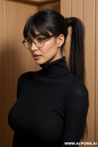 Full shot, large shot, asian woman, glasses, long straight black hair, low sleek ponytail tied at nape of neck, side-swept wispy bangs covering forehead, long face-framing strands left loose on - ai-porn.ai on pornintellect.com