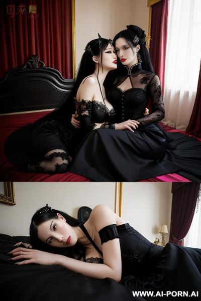 Room, goth woman, goth clothes, full clothes, long black dress, lying on bed, hugging each other, many housemaid in background - ai-porn.ai on pornintellect.com