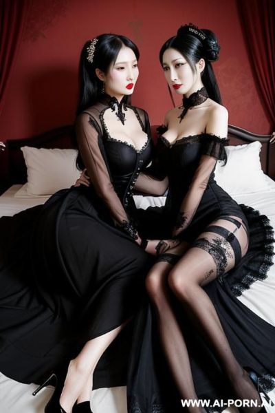 Tea party, goth woman, goth clothes, full clothes, long black dress, lying on bed, hugging each other, many housemaid in background - ai-porn.ai on pornintellect.com
