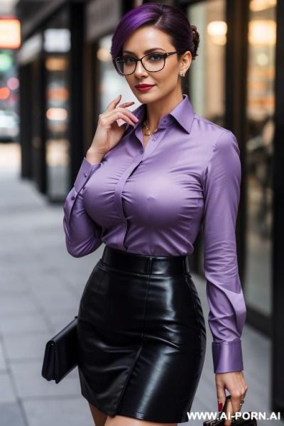 Fully dressed busty ukrainian milf is wearing skirt and full long-sleeve buttoned shirt (violet color), detailed face with glasses, seductive smirk, walking street - ai-porn.ai - Ukraine on pornintellect.com