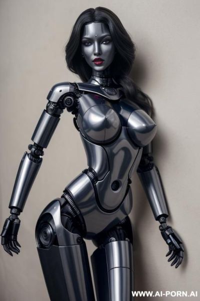 Robot, front view, full body view, leaning back against wall, looking at viewer, silicone skin, fully robotic body, huge robotic tits, shapely robotic arms, shapely robotic legs, big robotic ass, - ai-porn.ai on pornintellect.com