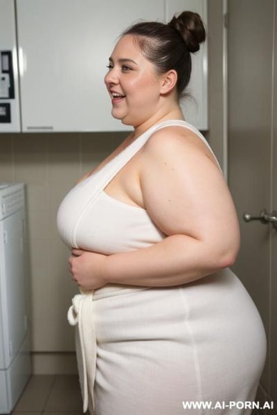 Huge obese woman, huge belly, fat arms, fat bottom, large hips, wearing a white open bathrobe, flashing saggy natural tits,, false blonde hair bun, side view, chubby face - ai-porn.ai on pornintellect.com