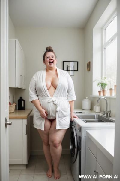Huge obese woman, huge belly, fat arms, fat bottom, large hips, wearing a white open bathrobe, flashing saggy natural tits,, false blonde hair bun - ai-porn.ai on pornintellect.com