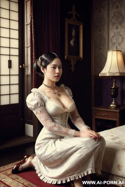 Victorian style, lace dress, pleated dress, the queen is squatting on a bowl full of milk, a chain around her neck. - ai-porn.ai on pornintellect.com