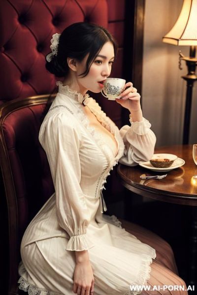 Victorian style, pleated dress, lace dress , drinking a cup of tea, pov eating out - ai-porn.ai on pornintellect.com