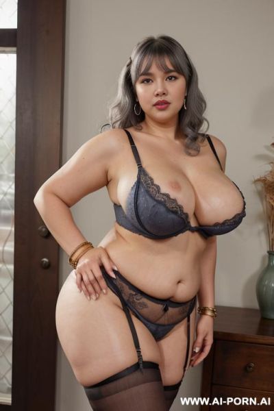 ((((perfect old face)))), (((breasts covered)), jeans short skirt , tight jeans shirt, standing, (wide thick lips))), heavy artistic earrings, ((golden bracelets)), (bottleneck figure), submissive, - ai-porn.ai on pornintellect.com