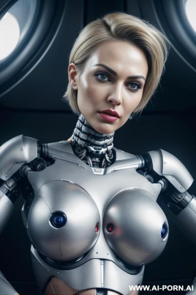 Damaged robot, front view, close-up, sitting in armchair in spaceship, looking at viewer, beautiful angry human face with tanned silicone skin, short messy blonde hair, big lips, wide jaw, heavy - ai-porn.ai on pornintellect.com