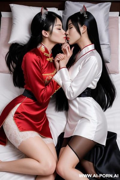 Women, sucking pussy ,2 korean idol wear wedding dress and kissing on bed, bride, 2 womans are pressing each other and kissing on the bed , lay on bed, kissing while lay on bed, - ai-porn.ai - North Korea - China on pornintellect.com