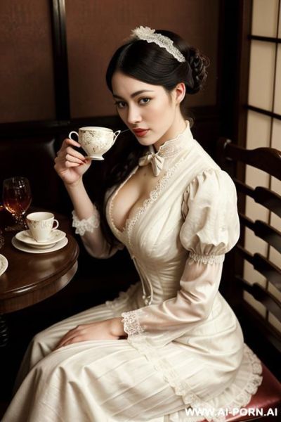 Victorian style, pleated dress, lace dress , drinking a cup of tea, pov eating out - ai-porn.ai on pornintellect.com