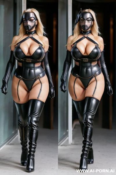 (blonde fit woman) (amazing fit body) (tall) (((huge boobs))) (black over knee boots) (((gimp suit bdsm))) (((puppy mask))) - ai-porn.ai on pornintellect.com