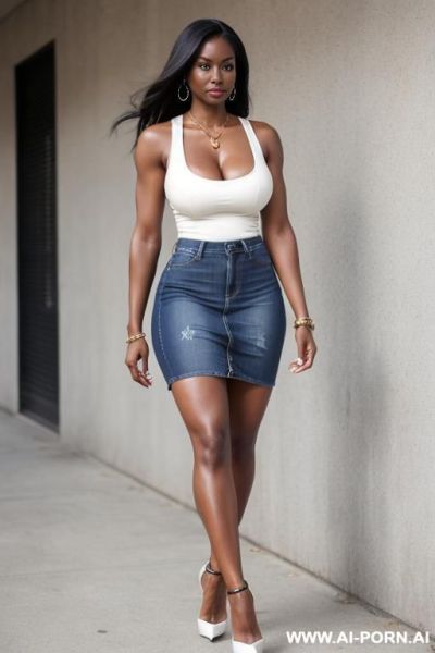 (hot tall) (amazing fit body) (blonde) (dark skin) (huge boobs) (high heels) (tight denim skirt) (fit abs) (cleavage) (white tank top) - ai-porn.ai on pornintellect.com