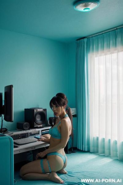 ((((eye contact)))), bangs, garter belt, stockings, g-string panties, stilettos - ai-porn.ai on pornintellect.com