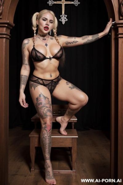 Very mature milf devil witch latina morbidly obese with blonde hair tails barefoot in church standing on floor in front of crucifix pentagram using witchcraft posing sexualy with arms up wearing - ai-porn.ai on pornintellect.com