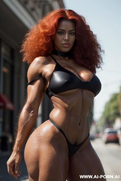 (((keep face))), tall woman, black ethnicity, mature grandmom, bodybuilder, grey full fluffy hair in afro-look, (((very dark black skin))), massive boobs and huge muscles, hard nipples, very strong - ai-porn.ai on pornintellect.com
