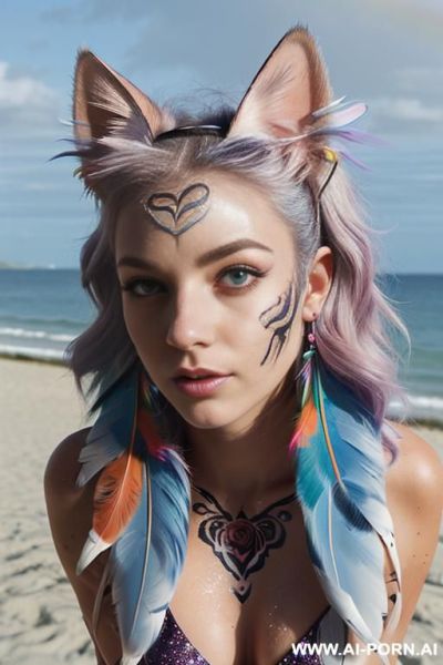 Face, sexy, beautiful, ((face painting)), ((body painting)), ((bikini as seashell)), ((roses)), ((eyes shw)), ((angel wings)), ((rainbow hair)), ((glitter)), ((long bu hair)), ((heterochromia eyes)), ((wind)), - ai-porn.ai on pornintellect.com