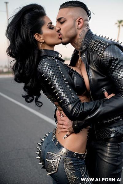 ((((arab rap milf kissing a muscular punk man on the stomach)))) with ((((((gigantic tits)))))) and (((long hair))), (makeup) , (((tight spiked black python print leather jacket))) (((tight spiked - ai-porn.ai on pornintellect.com