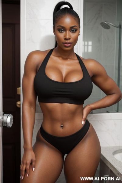 Detailed skin. hyper realistic human. beautiful slutty black woman. large meaty breasts. loves to twerk. wearing tank top and gym shorts.in her bathroom. high ponytail. - ai-porn.ai on pornintellect.com