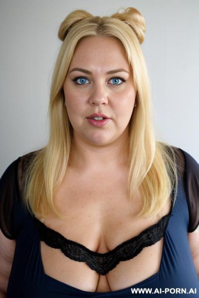 Ultra huge obese woman, , blonde hair bun, long hanging saggy boobs,, slanted blue eyes, fat arms, fat ass, bbw face, low boobs, wide open mouth, cum on face, wide see through longblack nightie - ai-porn.ai on pornintellect.com