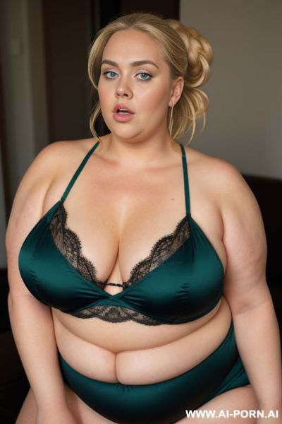 Ultra huge obese woman, , blonde hair bun, long hanging saggy boobs,, slanted blue eyes, fat arms, fat ass, bbw face, low boobs, wide open mouth, cum on face, wide isee through black nightie showing saggy veiny hangers - ai-porn.ai on pornintellect.com