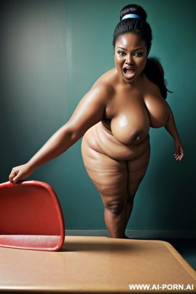 Very saggy boobs, wide open mouth with stucking out tongue, (receiving water jet from above on her face), side view, remove shoes - ai-porn.ai on pornintellect.com