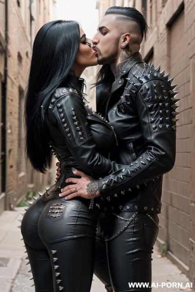 ((((arab rap milf kissing a muscular punk man on the lips)))) with ((((((gigantic tits)))))) and (((long hair))), (makeup) , (((tight spiked black leather jacket))) (((tight spiked black leather - ai-porn.ai on pornintellect.com