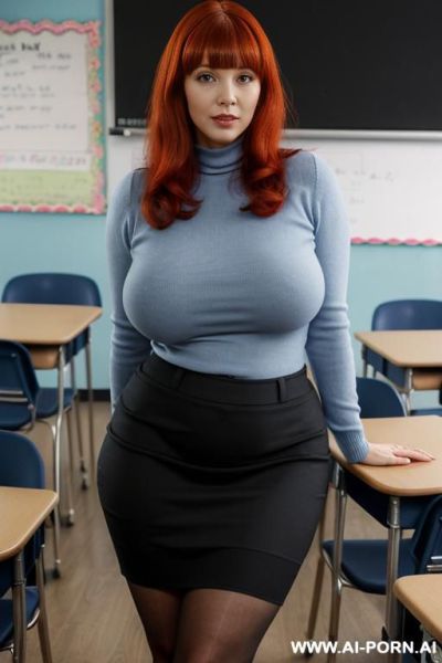 Juicy thighs, narrow waist, light blue blouse, tight black sweater skirt - ai-porn.ai on pornintellect.com