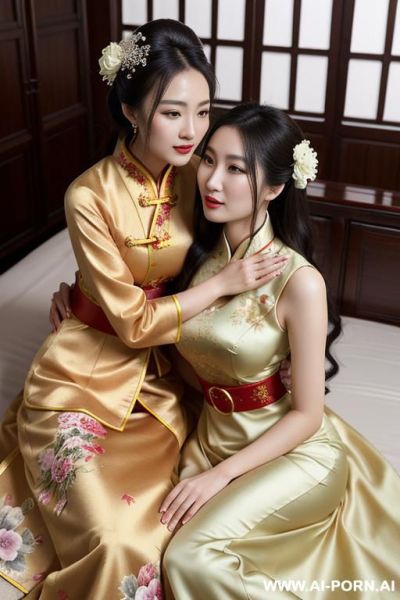 Chinese qeen, lace pleated dress, chinese clothes, traditional clothes, chinese wedding, old china outfit, hugging each other, lay ơn bed, women on top - ai-porn.ai - China on pornintellect.com