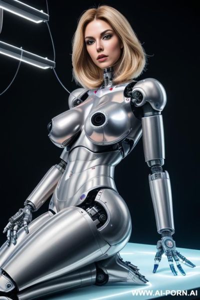 Deactivated robot, front view, full body view, lying on back on lab table in robotic lab, straight body, straight arms, straight legs, blank expression, beautiful human face with tanned silicone - ai-porn.ai on pornintellect.com