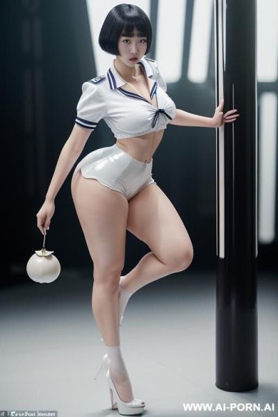 (((full body view))), ((extremely white pallid skin)), ((ghastly white shiny skin)) (((extremely wide hips))), disproportionally large ass, (((huge hyper colossal ass))) disproportionally wide hips, - ai-porn.ai on pornintellect.com