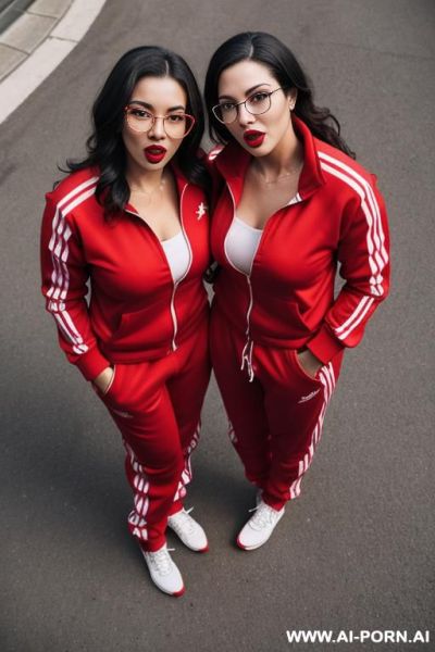 View from above. two women in red tracksuits, glasses, and red lipstick open their mouths wide and stare at the camera. - ai-porn.ai on pornintellect.com