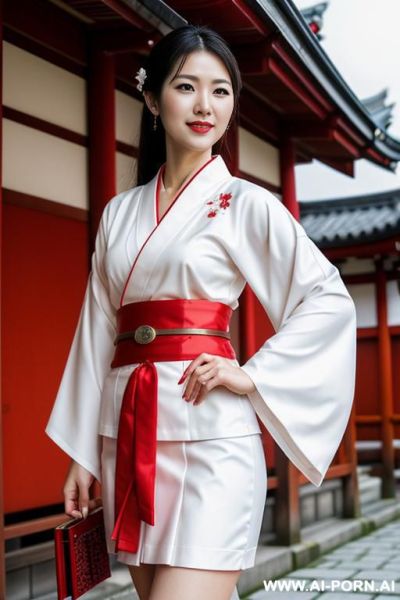Japanese clothes, white kimono, red skirts, earning, temple - ai-porn.ai - Japan on pornintellect.com