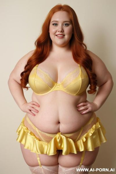 Half body photo shot close up. a ((british obese fat bbw redhead)), ((thick with love handless)). ((wearing a yellow sexy and hot garter belt lingerie, and a dark-blue ruffle silk micro-skirt)). she is smiling - ai-porn.ai - Britain on pornintellect.com