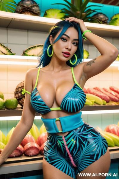 Stretching, jungle, round boobs, extremely pretty, full botox lips, button nose, eye contact, ahegao, hoop earrings, tight waist - ai-porn.ai on pornintellect.com