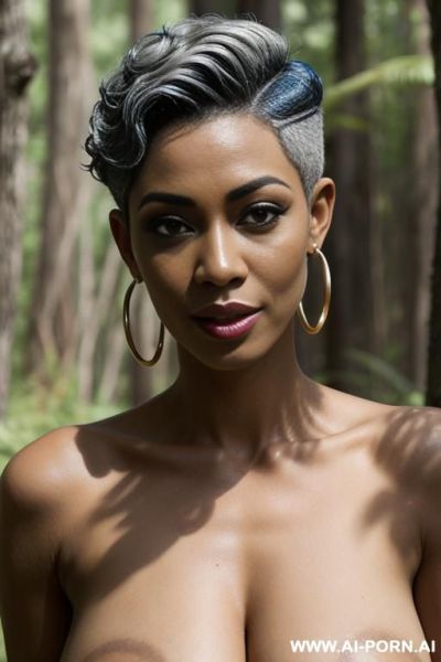A busty malay mom naked, full naked, show tits, show shaved pussy, no clothes, short pixie hair with shaved sides (( grey hair )) - ai-porn.ai on pornintellect.com