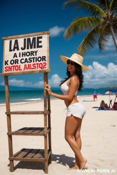 Shorts dressed guy with a poster sign: "y la jam que?" in the beach - ai-porn.ai on pornintellect.com