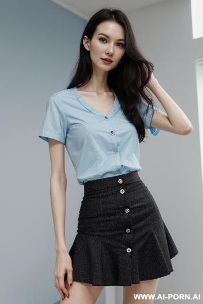 Medium wavy hair, light blue button up t-shirt, ((black microskirt)) - ai-porn.ai on pornintellect.com