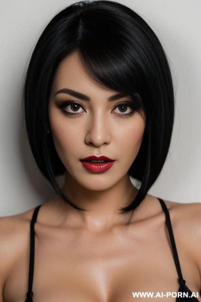 Kinky black haired femdom is having a powerful eye contact, mean look on her face - ai-porn.ai on pornintellect.com