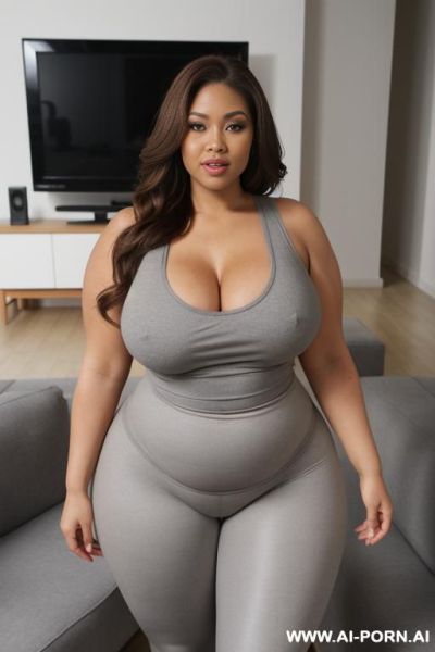 Chubby white woman, full body, standing, longe brown hair, triangular hips, thick thighs, wearing grey leggings and tank top, living room in front of the television - ai-porn.ai on pornintellect.com