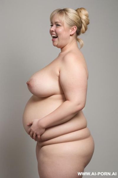 Fat saggy droppy tits with huge nipples, fat arms, fat belly, arms behind head, mouth wide open, side view, large obese woman - ai-porn.ai on pornintellect.com