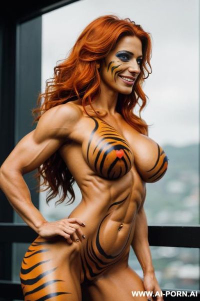 Carnival tiger suit, tiger face paint, long wavy hair, behind view - ai-porn.ai on pornintellect.com