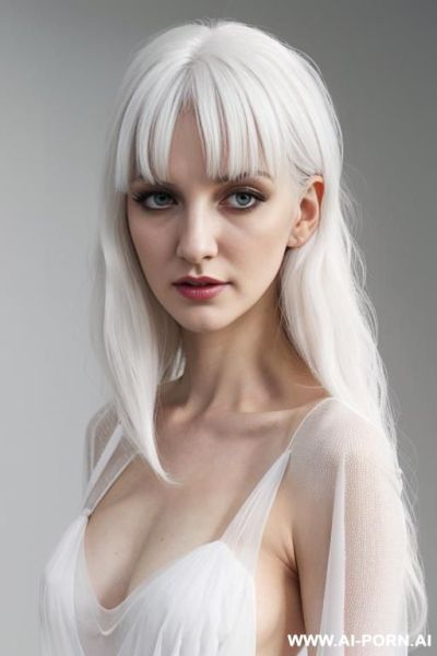 Dyed white hair, ((completely sheer white dress)), medium wavy hair, bright m lighting, plain white background, eyeliner, - ai-porn.ai on pornintellect.com