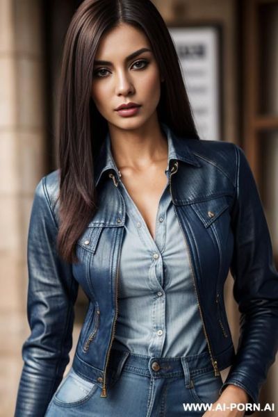 Hot shopkeeper babe, blue denim shirt, denim pants, leather jacket, straight hair, serious face, ((close shot)) - ai-porn.ai on pornintellect.com
